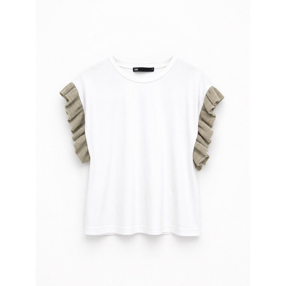 ZARA White Top M Ruffle Sleeve Contrast Knit Casual Minimal Chic